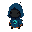 a small hooded alien with two short antennae, matte black face with two small orange eye slits, deep-blue hooded cloak with subtle darker blue shading and an angular cyan emblem on the chest, orange trim around.add a small high‑tech capsule mounted on the