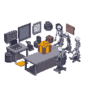 a room for servicing animatronics from the fnaf 2 game. somewhere there are a couple of tables, several endoskeletons, and a large gift box. the room should be more authentic, and the endoskeletons should be against the wall.
