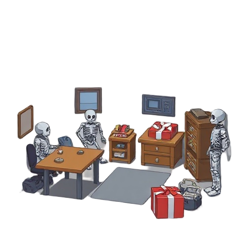 a room for servicing animatronics from the fnaf 2 game. somewhere there are a couple of tables, several endoskeletons, and a large gift box. the room should be more authentic, and the endoskeletons should be against the wall.