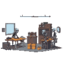 a room for servicing animatronics from the fnaf 2 game. somewhere there are a couple of tables, several endoskeletons, and a large gift box.