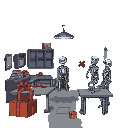 a room for servicing animatronics from the fnaf 2 game. somewhere there are a couple of tables, several endoskeletons, and a large gift box. the room should be more authentic, and the endoskeletons should be against the wall.