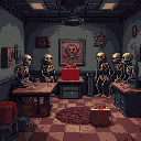 a room for servicing animatronics from the fnaf 2 game. somewhere there are a couple of tables, several endoskeletons, and a large gift box. the room should be more authentic, and the endoskeletons should be against the wall.