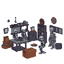 a room for servicing animatronics from the fnaf 2 game. somewhere there are a couple of tables, several endoskeletons, and a large gift box. the room should be more authentic, and the endoskeletons should be against the wall.