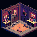 a room for servicing animatronics from the fnaf 2 game. somewhere there are a couple of tables, several endoskeletons, and a large gift box. the room should be more authentic, and the endoskeletons should be against the wall.