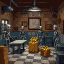 a room for servicing animatronics from the fnaf 2 game. somewhere there are a couple of tables, several endoskeletons, and a large gift box. the room should be more authentic, and the endoskeletons should be against the wall.