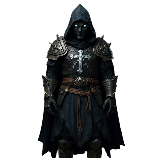 dark fantasy inquisitor, grim atmosphere, detailed armor with religious symbols, tattered cloak, intense glowing eyes, gothic aesthetic, dramatic lighting, hyper-realistic, cinematic composition, highly detailed, 8k, unreal engine 5, art by greg rutkowski
