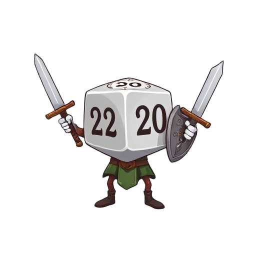 a d20 die, with hands and legs outside the body, holding a sword and shield