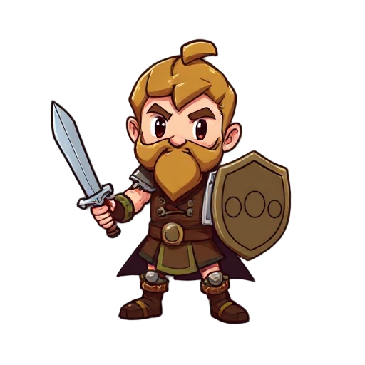 a dice, warrior character. using a d20, he holds a shield and a sword.