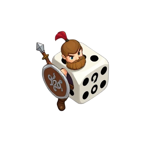 a dice, warrior character. using a d20, he holds a shield and a sword.