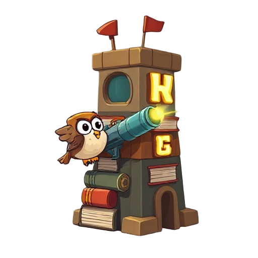 /imagine a toy defense tower made of books with a little owl using a magical machine gun that shoots glowing letters. the tower is simple, with monocolors