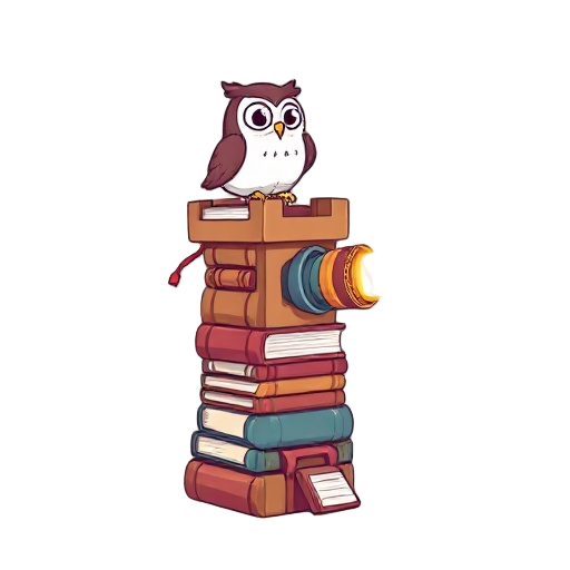 /imagine a toy defense tower made of books with a little owl on top attacking with magical machine gun that shoots glowing letters. the tower is simple, with monocolors