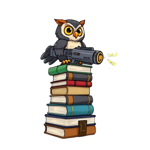  tower made of stacked books, with a wise owl on top wielding a machine gun that shoots glowing letters. bold shapes, clear outlines, vibrant colors, fitting a playful fantasy world