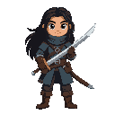  a young ranger with long black hair and layered dark winter clothing, holding a sword.