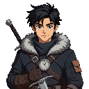  a young male ranger with mid black hair and layered dark winter clothing, holding a sword, wearing a raven clock.