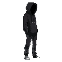 black hoodie man, side view,not looking foward, cortoonish style, bad man, shadows hiding the skin color