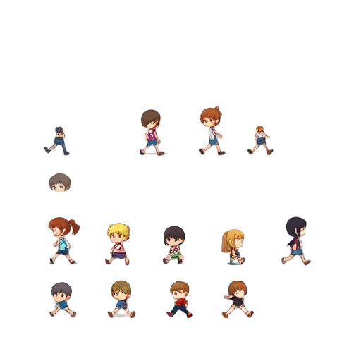 3/4 pixel chibi character walking sprites sheet
