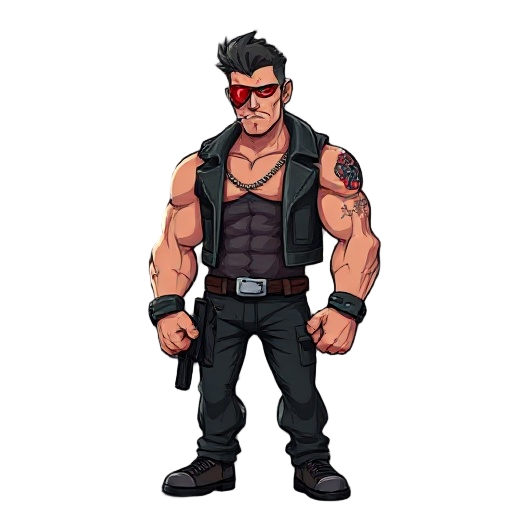 muscular anti-hero with red cyber eyepatch, smoking, in front of ruined city and neon lights.