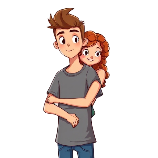 a boy with a short ponytail, a gray t-shirt in the arms of a girl with curly ginger hair (long hair) in a crop top, the two of them being a couple 