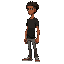 brunette skin, dark green eyes, high top dreads short and not too long to go over his eyes. black t-shirt, gray jeans, red shoes. a pose
