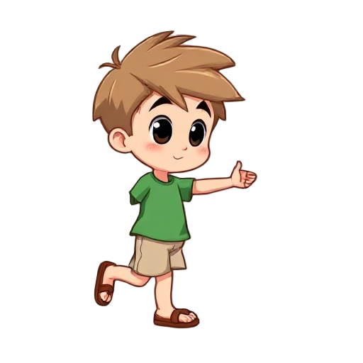 chibi boy named kuka, side view (left), light skin, light brown messy hair, big black eyes. wearing green t-shirt, beige shorts, brown flip-flops. opposite leg stepping forward, arms in opposite swing. clean cartoon style, 512x512, transparent background.