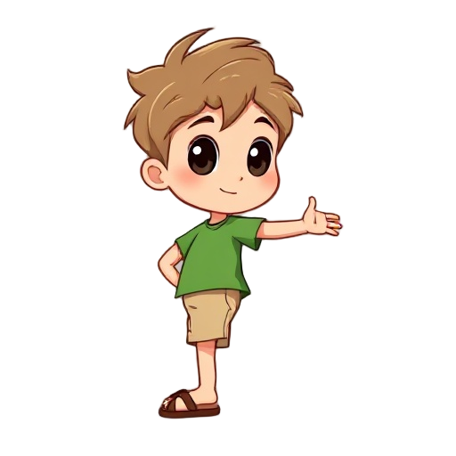 chibi boy named kuka, side view (left), light skin, light brown messy hair, big black eyes. wearing green t-shirt, beige shorts, brown flip-flops. opposite leg stepping forward, arms in opposite swing. clean cartoon style, 512x512, transparent background.