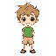chibi boy named kuka, light skin, light brown messy hair, big black eyes, soft smile. wearing green t-shirt, beige shorts, brown flip-flops. standing idle, arms relaxed, neutral breathing pose. clean cartoon style, 512x512, transparent background.