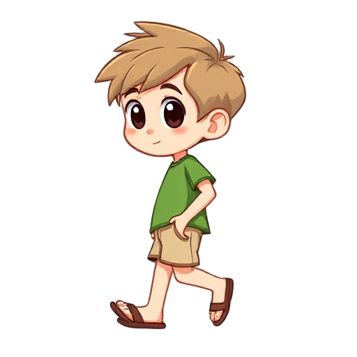 chibi boy named kuka, side view (left), light skin, light brown messy hair, big black eyes. wearing green t-shirt, beige shorts, brown flip-flops. one leg stepping forward, arms swinging naturally. clean cartoon style, 512x512, transparent background.