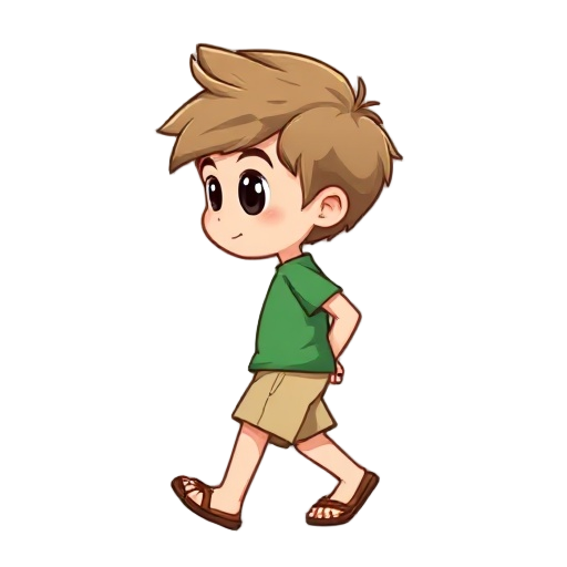 chibi boy named kuka, side view (left), light skin, light brown messy hair, big black eyes. wearing green t-shirt, beige shorts, brown flip-flops. left leg stepping forward, right leg back, arms swinging naturally. clean cartoon style, 512x512, transparen