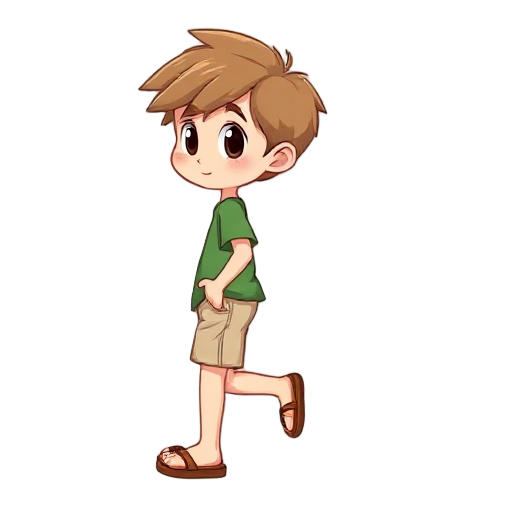 chibi boy named kuka, side view (left), light skin, light brown messy hair, big black eyes. wearing green t-shirt, beige shorts, brown flip-flops. one leg stepping forward, arms swinging naturally. clean cartoon style, 512x512, transparent background.