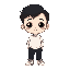 chibi boy named peu, light skin, short black hair, big black eyes, calm smile. wearing white t-shirt, black pants, white sneakers. standing idle, arms relaxed, neutral breathing pose. clean cartoon style, 512x512, transparent background.