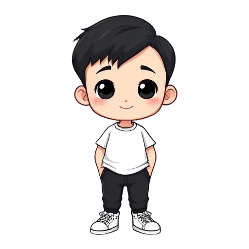 chibi boy named peu, light skin, short black hair, big black eyes, calm smile. wearing white t-shirt, black pants, white sneakers. standing idle, arms relaxed, neutral breathing pose. clean cartoon style, 512x512, transparent background.