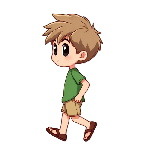 chibi boy named kuka, side view (left), light skin, light brown messy hair, big black eyes. wearing green t-shirt, beige shorts, brown flip-flops. left leg stepping forward, right leg back, arms swinging naturally. clean cartoon style, 512x512, transparen