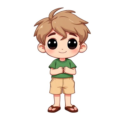 chibi boy named kuka, light skin, light brown messy hair, big black eyes, soft smile. wearing green t-shirt, beige shorts, brown flip-flops. standing idle, arms relaxed, neutral breathing pose. clean cartoon style, 512x512, transparent background.