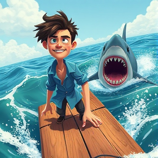 a guy with messed up blue shirt and dark brown hair on a wooden raft being chased by a shark in the middle of the ocean