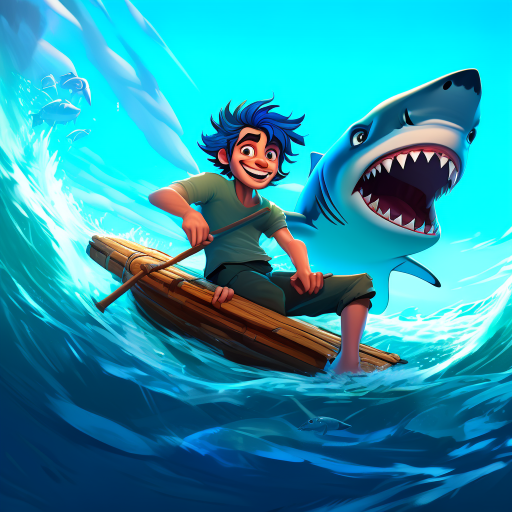 a guy with messed up blue shirt and dark brown hair on a wooden raft being chased by a shark in the middle of the ocean