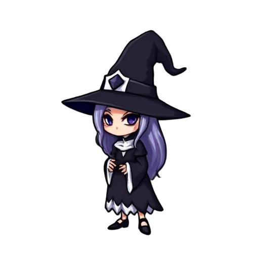 a witch with a black hat, white accents, castlevania character sprite style, sprite similar to castlevania:aria of sorrow sprites 