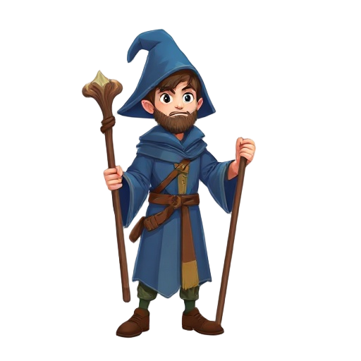 a young human wizard with no beard, wearing a blue rob and holding a almost natural wooden staff 