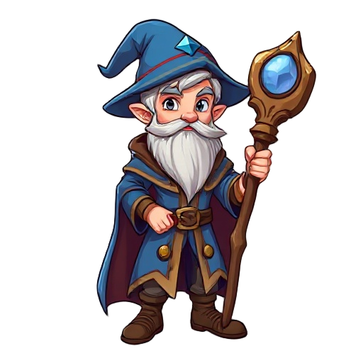 a young wizard with a blue rob and a wooden staff all carved with a gem in his top 
