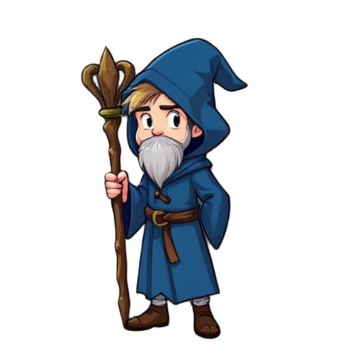 a young wizard beardless, wearing a blue rob and holding a wooden staff 