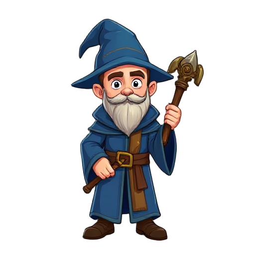 a shaved wizard's apprentice, wearing a blue rob and holding a wooden staff