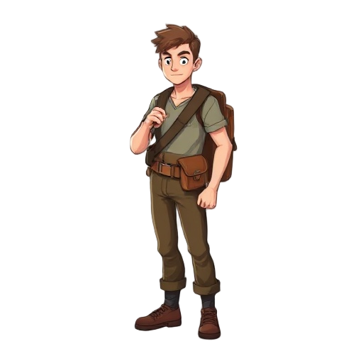 male character picking object up from the ground and putting into a shoulder satchel