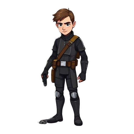 male character wearing star wars imperial theme uniform picking object up from the ground and putting into a shoulder satchel