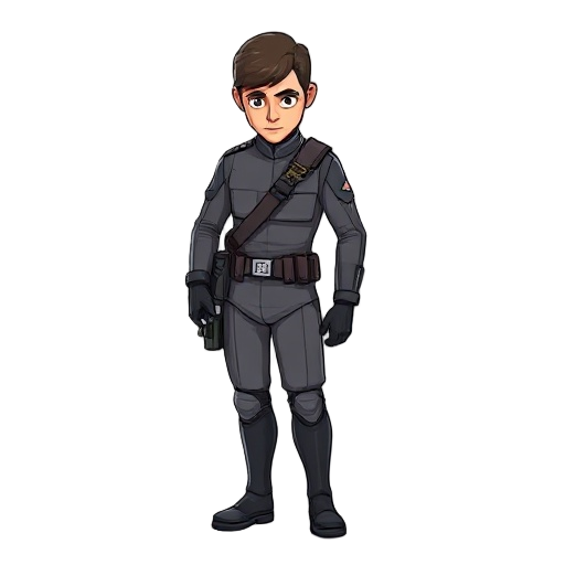 male character wearing star wars grey officer imperial theme uniform picking object up from the ground and putting into a shoulder satchel