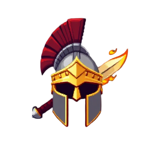 roman helmet with blade on fire pixelized 8 bits simple