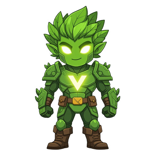 green humanoid hero with leafy hair, glowing eyes, a bold yellow v on chest, armored suit, brown boots, front-facing