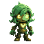 green humanoid hero with leafy hair, glowing eyes, a bold yellow v on chest, armored suit, brown boots, front-facing