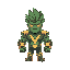  green humanoid hero with leafy hair, glowing eyes, a bold yellow v on chest, armored suit, brown boots, front-facing