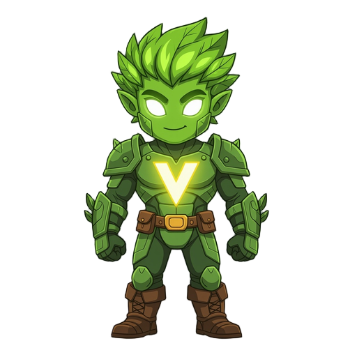green humanoid hero with leafy hair, glowing eyes, a bold yellow v on chest, armored suit, brown boots, front-facing