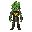 green humanoid hero with leafy hair, glowing eyes, a bold yellow v on chest, armored suit, brown boots, front-facing