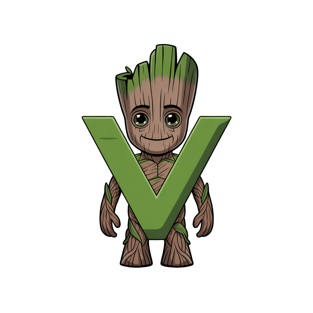 green humanoid mascot shaped like groot with bold v